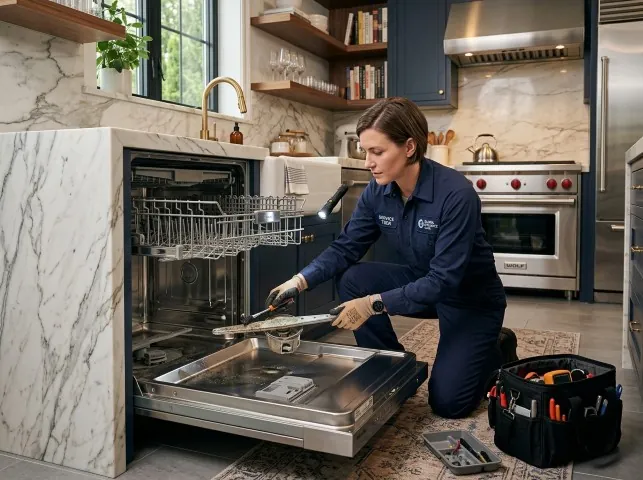 Appliance Repair Hero technician servicing a built-in dishwasher in a Black Creek, WI kitchen