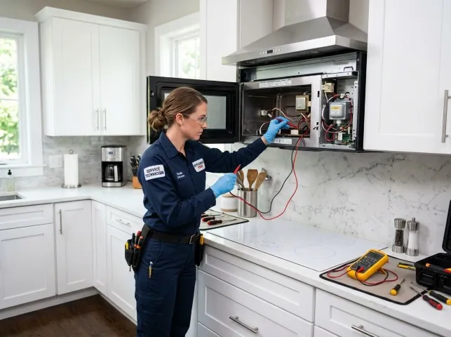 Appliance Repair Hero technician testing an over-the-range microwave in a Black Creek, WI kitchen